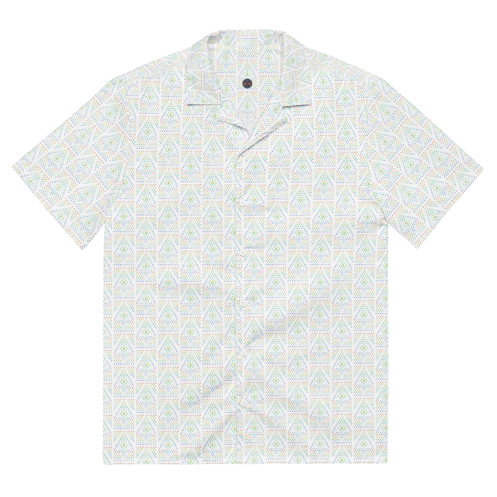Flat lay front view of white GeOm button down – visionary sacred geometry shirt for festivals, art shows, and more.