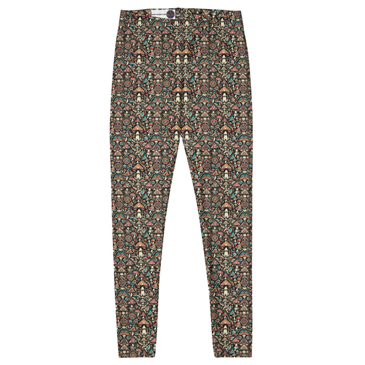 Flat front view of GeoMush leggings – full-length psychedelic art in activewear form.