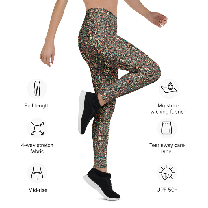 Leg-lift pose in GeoMush leggings – showcasing stretch, support, and cosmic flow.