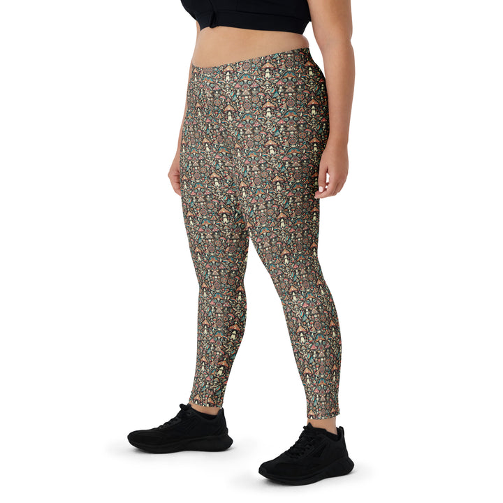 Plus size front view of GeoMush leggings – flattering sacred design for all body types.
