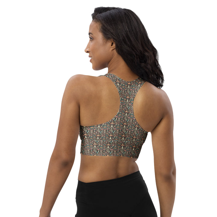 Back view of Geomush sports bra – psychedelic sacred geometry design on model
