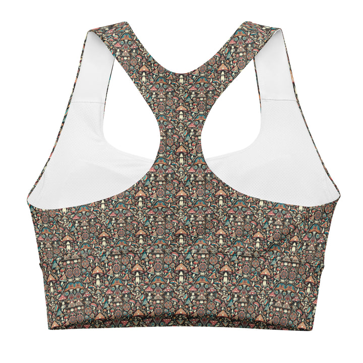 Flat front view of Geomush sacred geometry sports bra – psychedelic activewear design