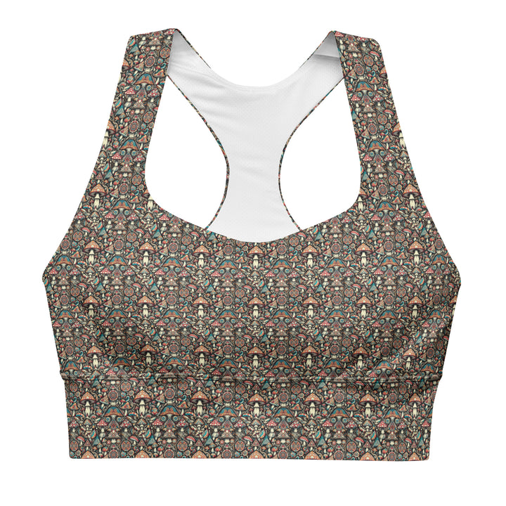 Flat back view of Geomush recycled longline sports bra with trippy geometric print