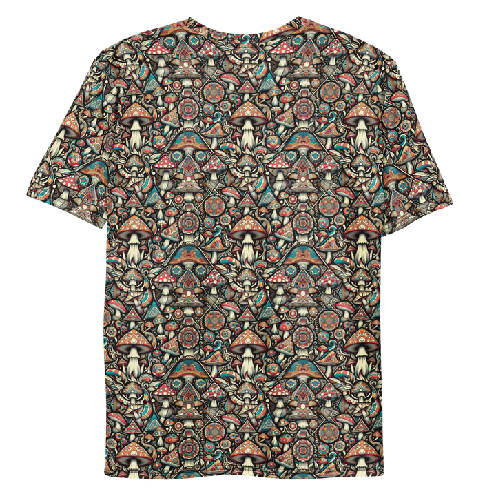 Flat back view of GeoMush tee – sacred mushroom art for psytrance and festival wardrobes.