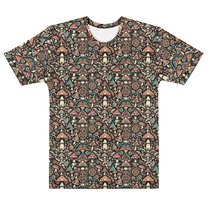 Alternate flat front of GeoMush shirt – geometric mushroom fusion in psychedelic aesthetic.