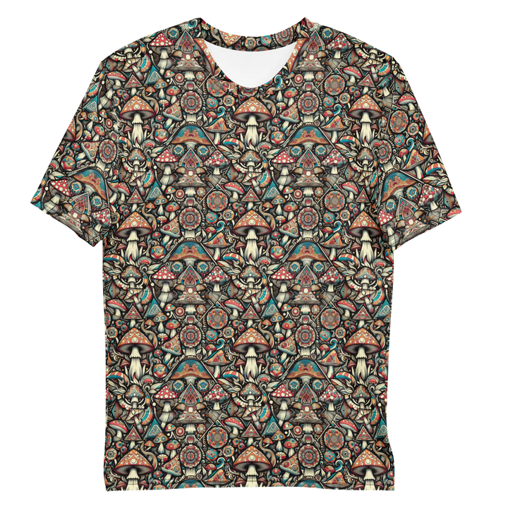 Flat lay front of GeoMush t-shirt – visionary geometry meets mycelium-inspired design.
