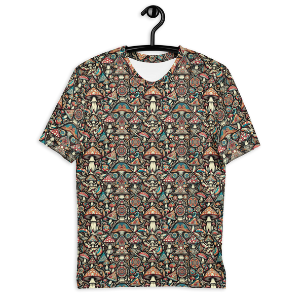 Front view of GeoMush psychedelic t-shirt – sacred geometry merged with mushroom art for visionary fashion.