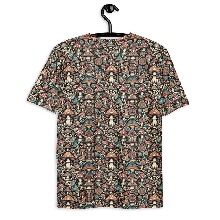 Hanging back view of GeoMush tee – fusion of geometric symmetry and mushroom vibes for festival lovers.