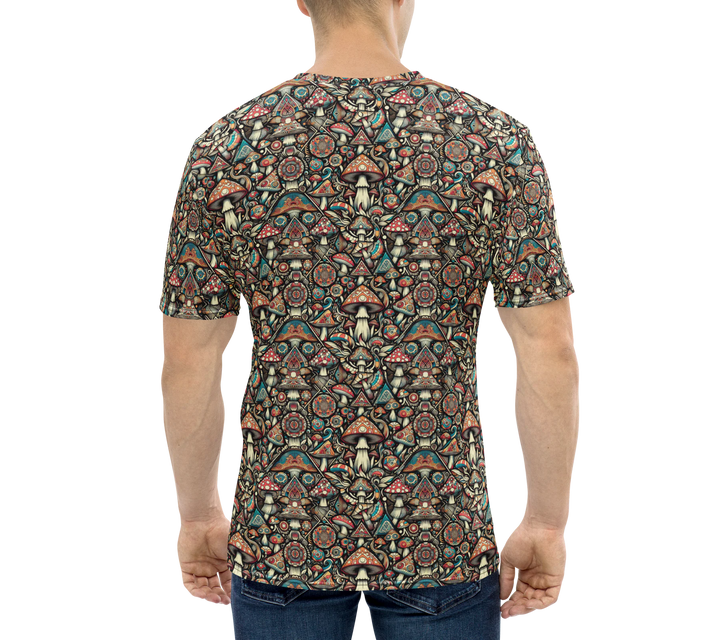 Back view of model in GeoMush shirt – visionary mushroom geometry for conscious streetwear.