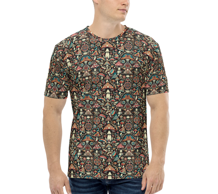 Model wearing GeoMush t-shirt – geometric mushroom design perfect for psychedelic rave fashion.
