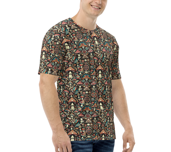 Left side view of GeoMush t-shirt – psychedelic mushroom patterns and sacred symmetry for EDM souls.