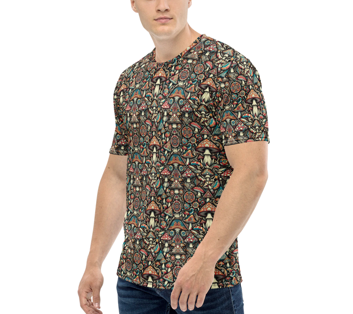 Side profile of GeoMush tee – spiritual mushroom and sacred geometry fusion for modern ravers.
