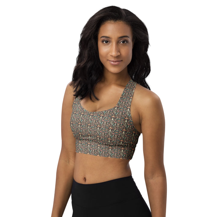 Alternative front angle of model in Geomush psychedelic yoga and festival sports bra