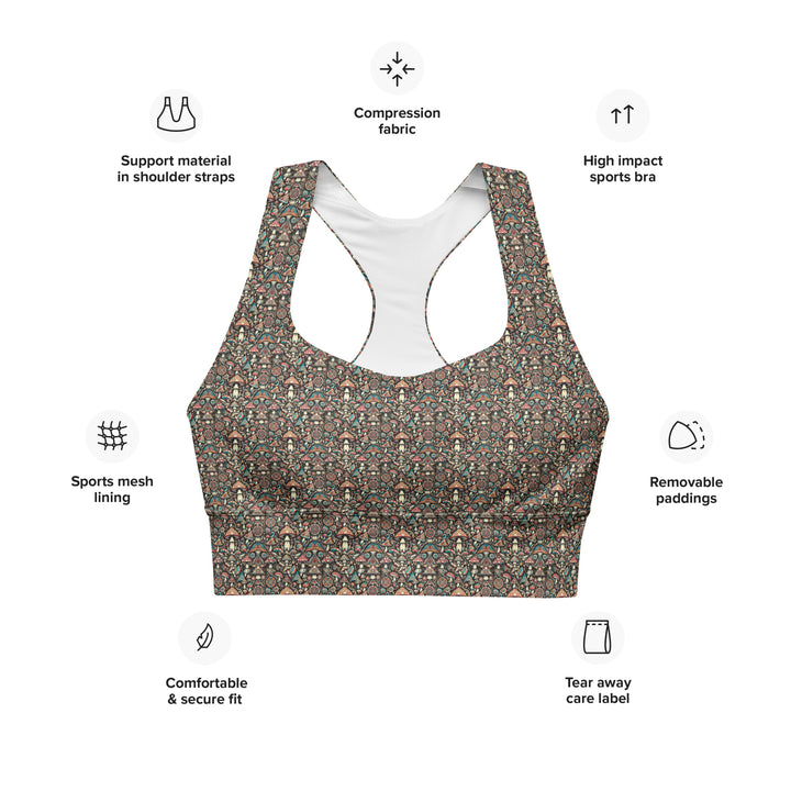 Geomush recycled sports bra infographic – features, fit and eco-friendly fabric breakdown
