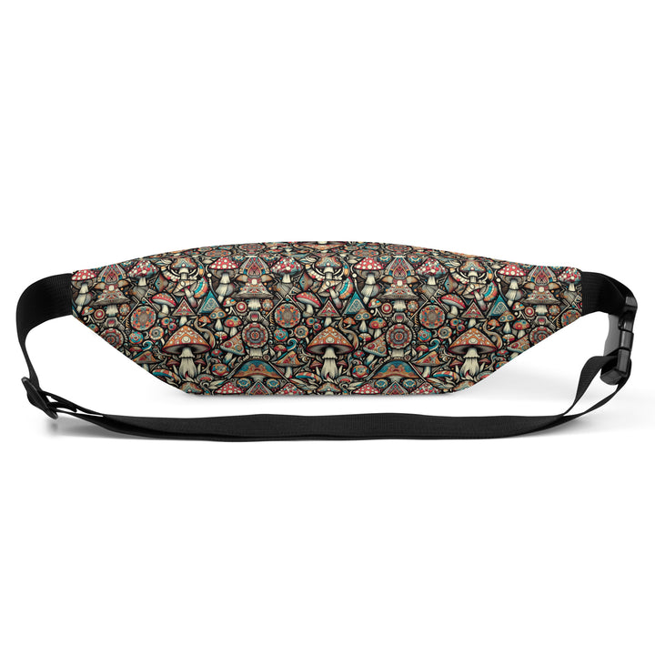 Flat back of GeoMush waistbag – detailed psychedelic mushroom artwork for free-spirited explorers and ravers