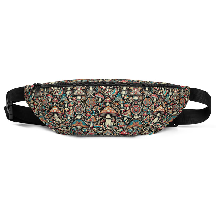 Flat front view of GeoMush waistbag – trippy sacred geometry meets mushrooms in perfect festival fashion harmony