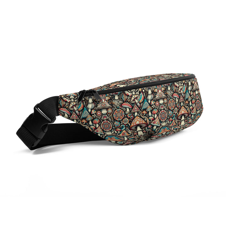 Side view of GeoMush waistbag – visionary mushroom art meets practical design for EDM events and festivals