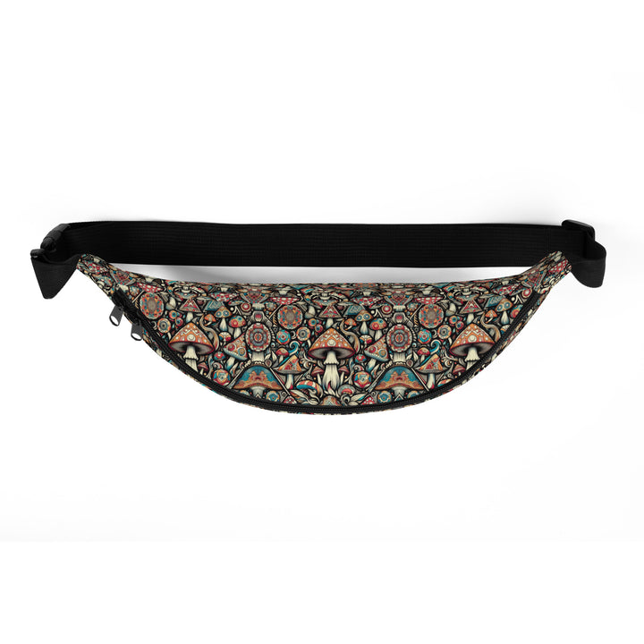 Top view of GeoMush waistbag – sacred geometry infused with mushroom magic, ideal for travel and psychedelic lifestyle