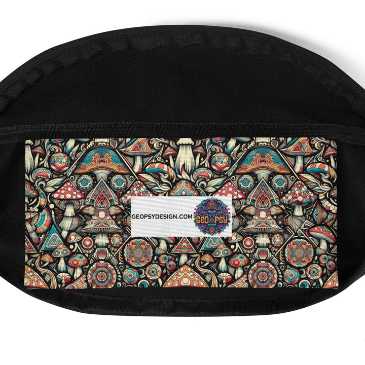 inside view of GeoMush waistbag – sacred geometry infused with mushroom magic, ideal for travel and psychedelic lifestyle