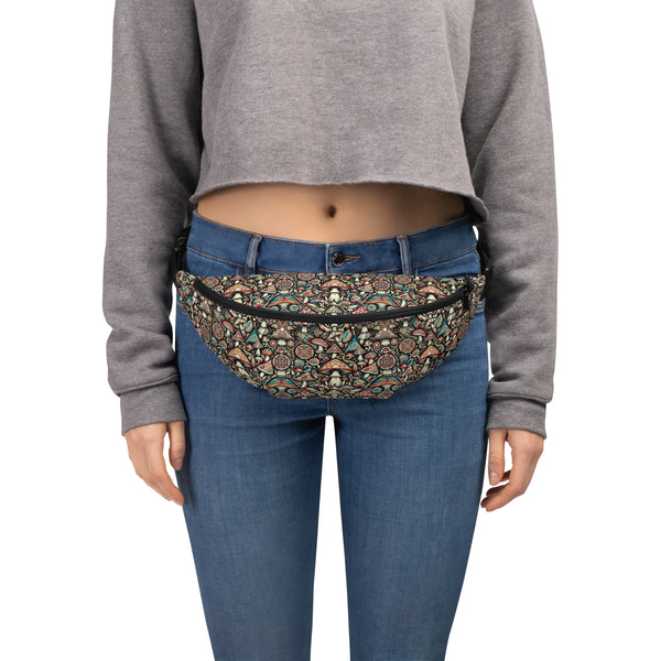 Model wearing GeoMush waistbag – vibrant psychedelic mushroom pattern perfect for raves, festivals, and visionary streetwear