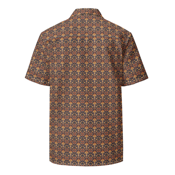 Back view of GeoSpring shirt – colorful sacred patterns blooming with visionary spring energy.