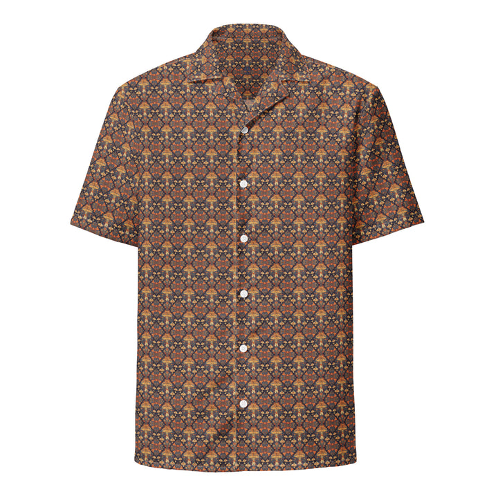 Front view of GeoSpring button down shirt – spring-inspired psychedelic design with sacred geometry.
