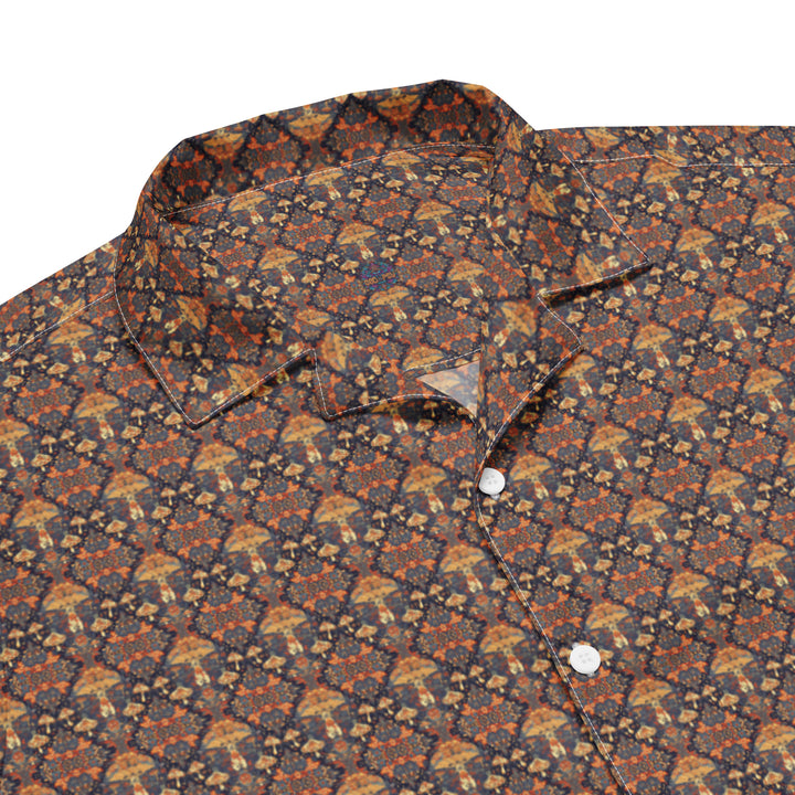Close-up of collar on GeoSpring shirt – vibrant sacred geometry with fresh, trippy spring tones.