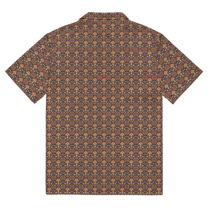 Flat back view of GeoSpring button down – radiant fractals and sacred symmetry in spring palette.