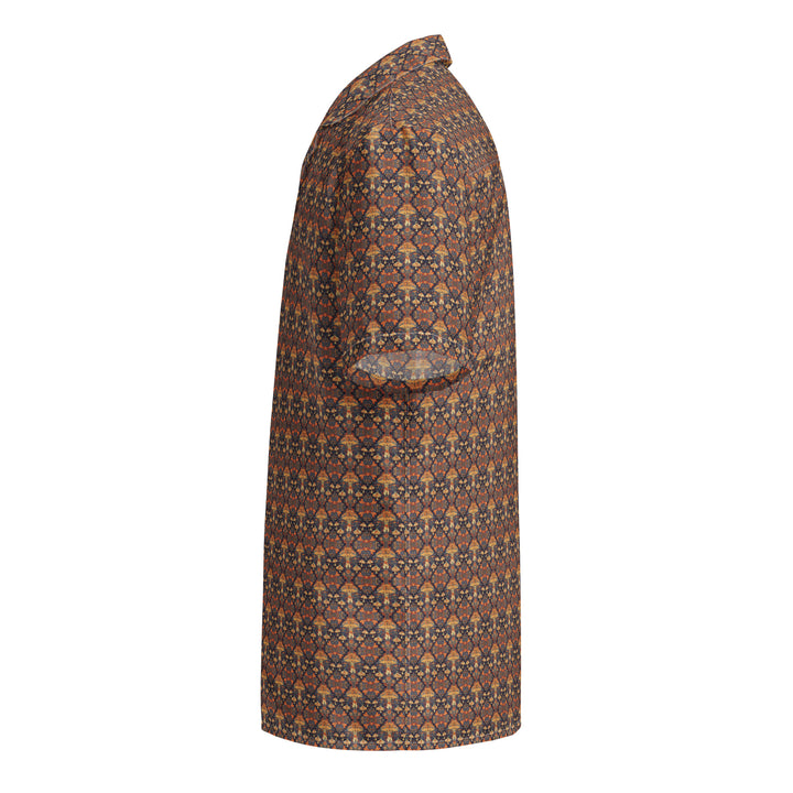 Left side view of GeoSpring button down – psychedelic spring fashion with blooming geometry.
