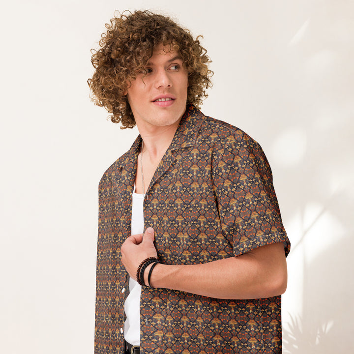 Model wearing GeoSpring shirt – visionary rave fashion with geometric and seasonal expression.