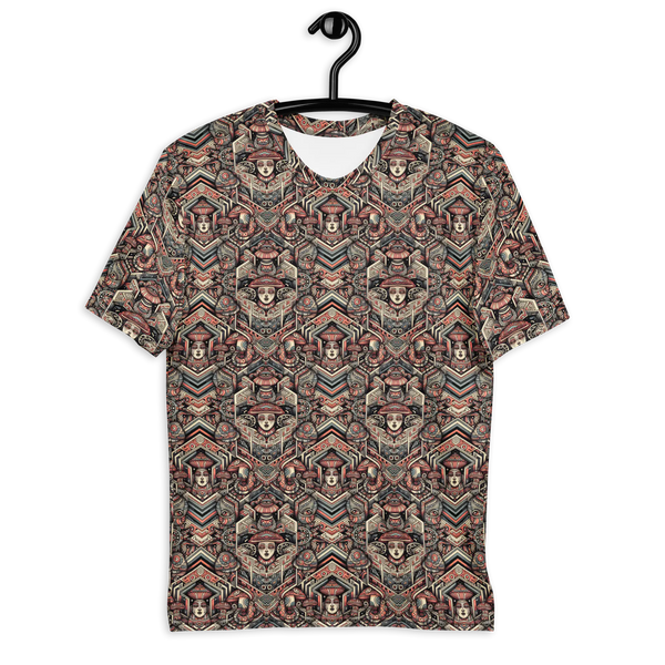Front view of GEOTRIBE psychedelic t-shirt – sacred geometry and tribal design for rave and festival wear.