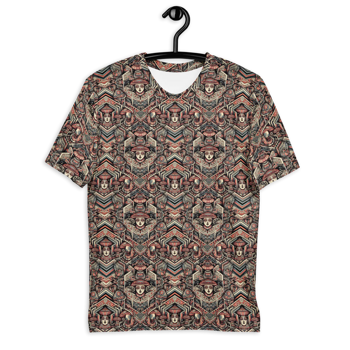 Front view of GEOTRIBE psychedelic t-shirt – sacred geometry and tribal design for rave and festival wear.