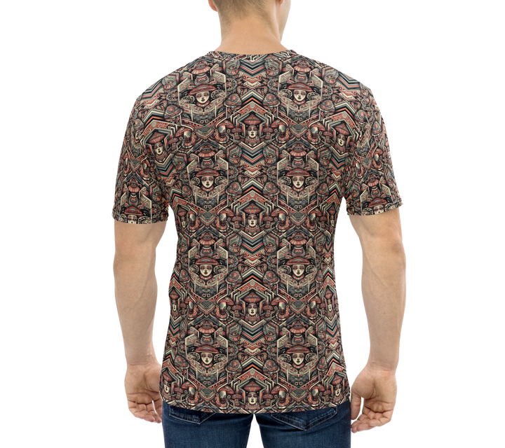 Model back view of GEOTRIBE tee – psychedelic sacred geometry with a tribal fusion.