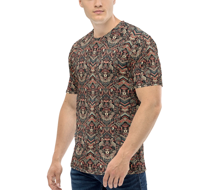 Side view of GEOTRIBE shirt on model – sacred geometric tribal patterns for conscious fashion lovers.

