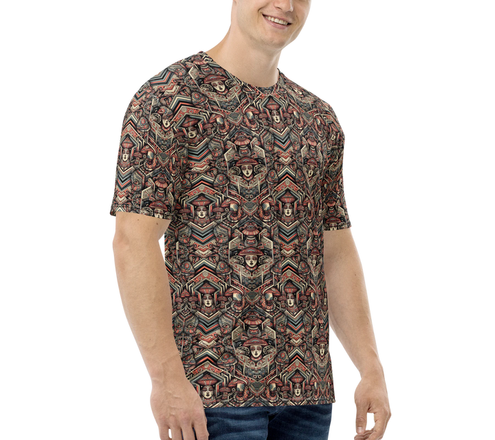 Left angle model view of GEOTRIBE t-shirt – visionary tribal artwork for EDM and psywear.