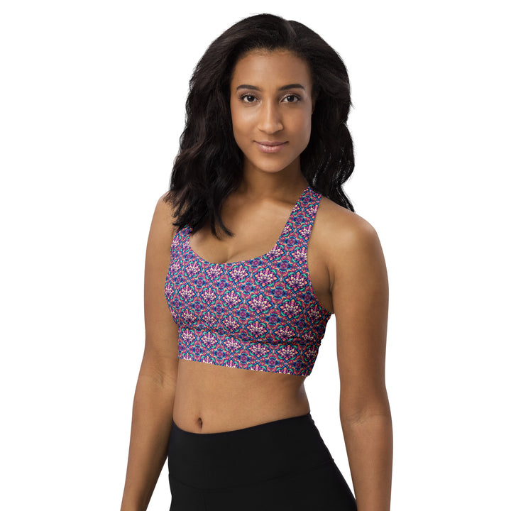 Alternate front view of IllusionLotus recycled sports bra – visionary psychedelic sacred geometry activewear for conscious movement.