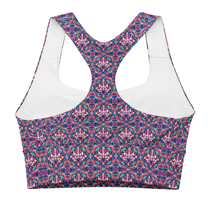 Flat lay back of IllusionLotus eco-conscious recycled sports bra – psychedelic sacred geometry design for yoga and raves.