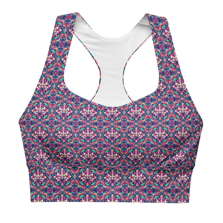 Flat lay front of IllusionLotus recycled sports bra showcasing psychedelic sacred geometry – perfect for fitness and festival wear.