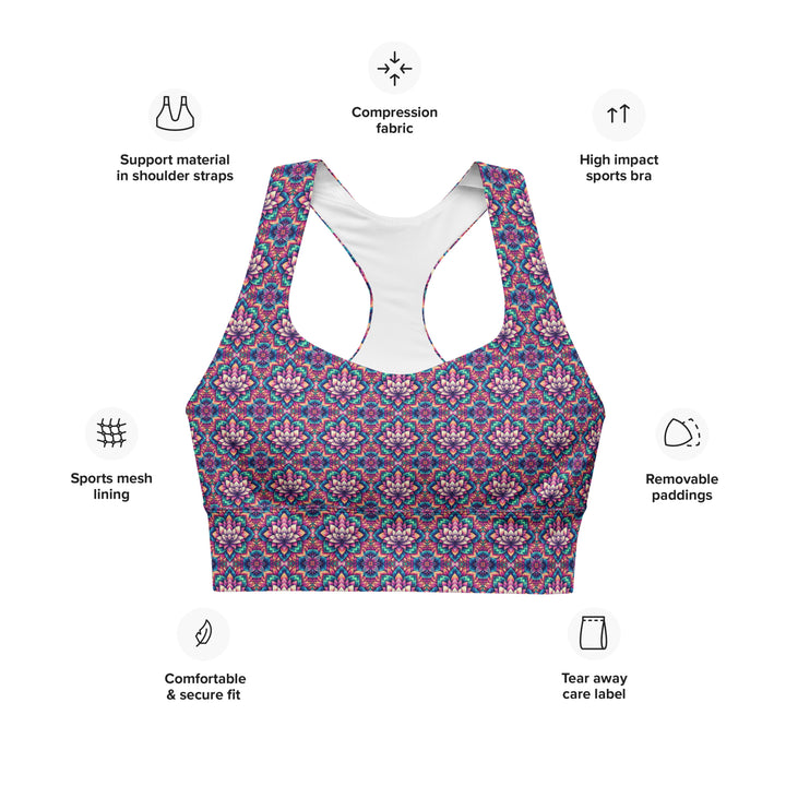 Infographic highlighting features of IllusionLotus recycled sports bra – sustainable materials, support, and psychedelic sacred geometry.