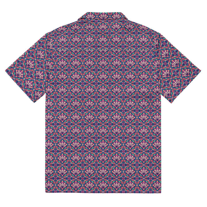 Flat back of IllusionLotus button down shirt – sacred lotus geometry for psychedelic spiritual style.