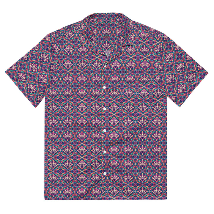 Flat front of IllusionLotus shirt – bold sacred lotus design for festival fashion.