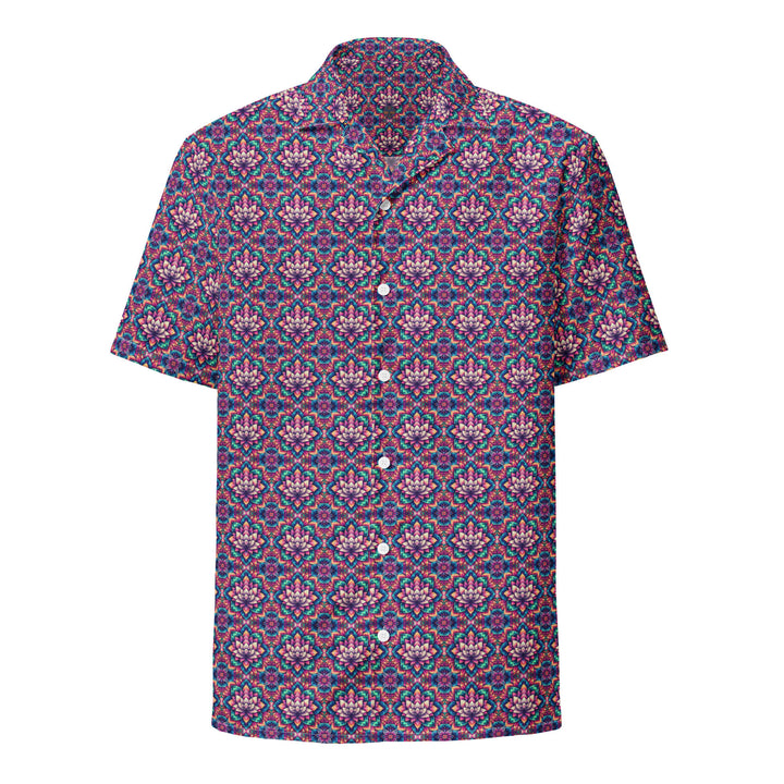 Front view of IllusionLotus button down shirt – sacred lotus geometry for psychedelic fashion lovers.
