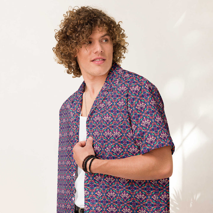 Model wearing IllusionLotus shirt – trippy lotus design for music festivals, raves, and conscious fashion.