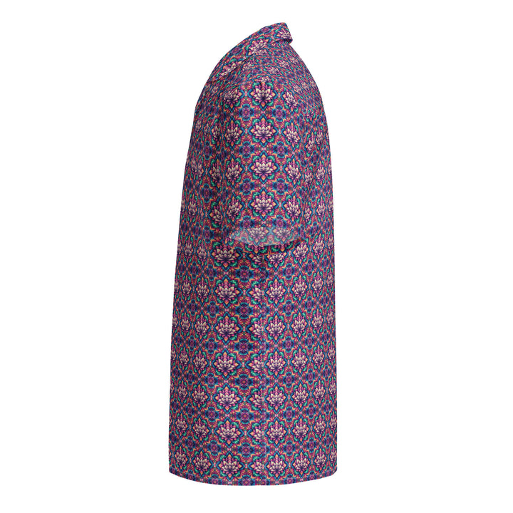 Left side view of IllusionLotus button down – geometric lotus pattern for visionary self-expression.
