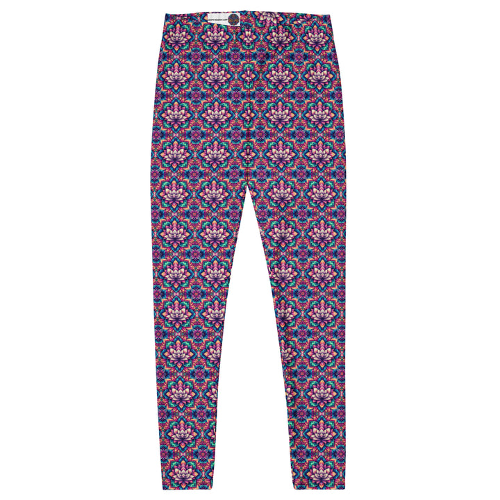 Flat front of IllusionLotus leggings – elegant sacred lotus geometry printed on smooth activewear.