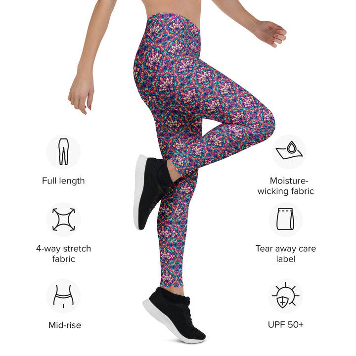 Stretch pose in IllusionLotus leggings – showing flexibility, comfort, and sacred lotus design.