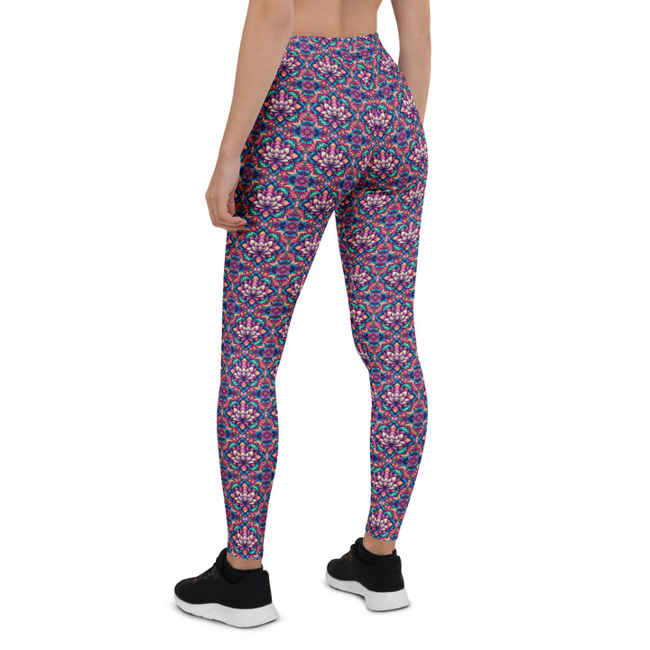 Back view of IllusionLotus leggings – visionary lotus art for yoga, dance, and festival vibes.