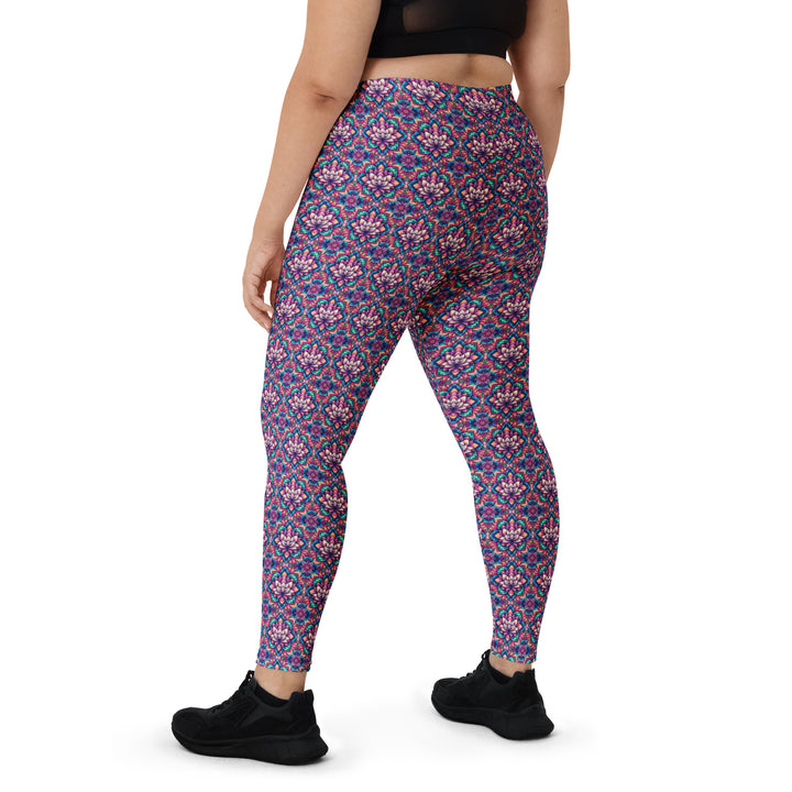 Plus size back of IllusionLotus leggings – flattering lotus and geometry fusion for festivals and yoga.
