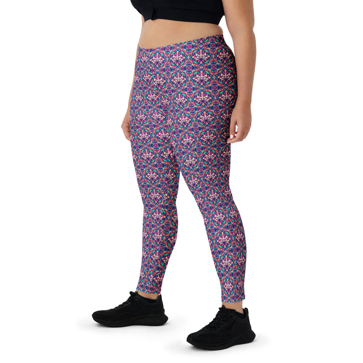 Plus size front view of IllusionLotus leggings – bold lotus mandala design for expressive visionary style.