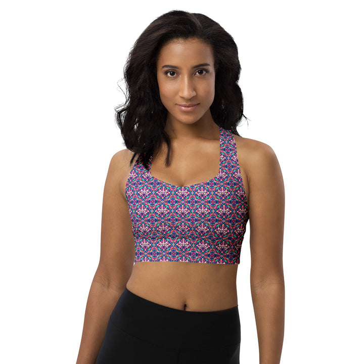 Front view of IllusionLotus recycled psychedelic sports bra with sacred geometry print – eco-friendly yoga and festival activewear.